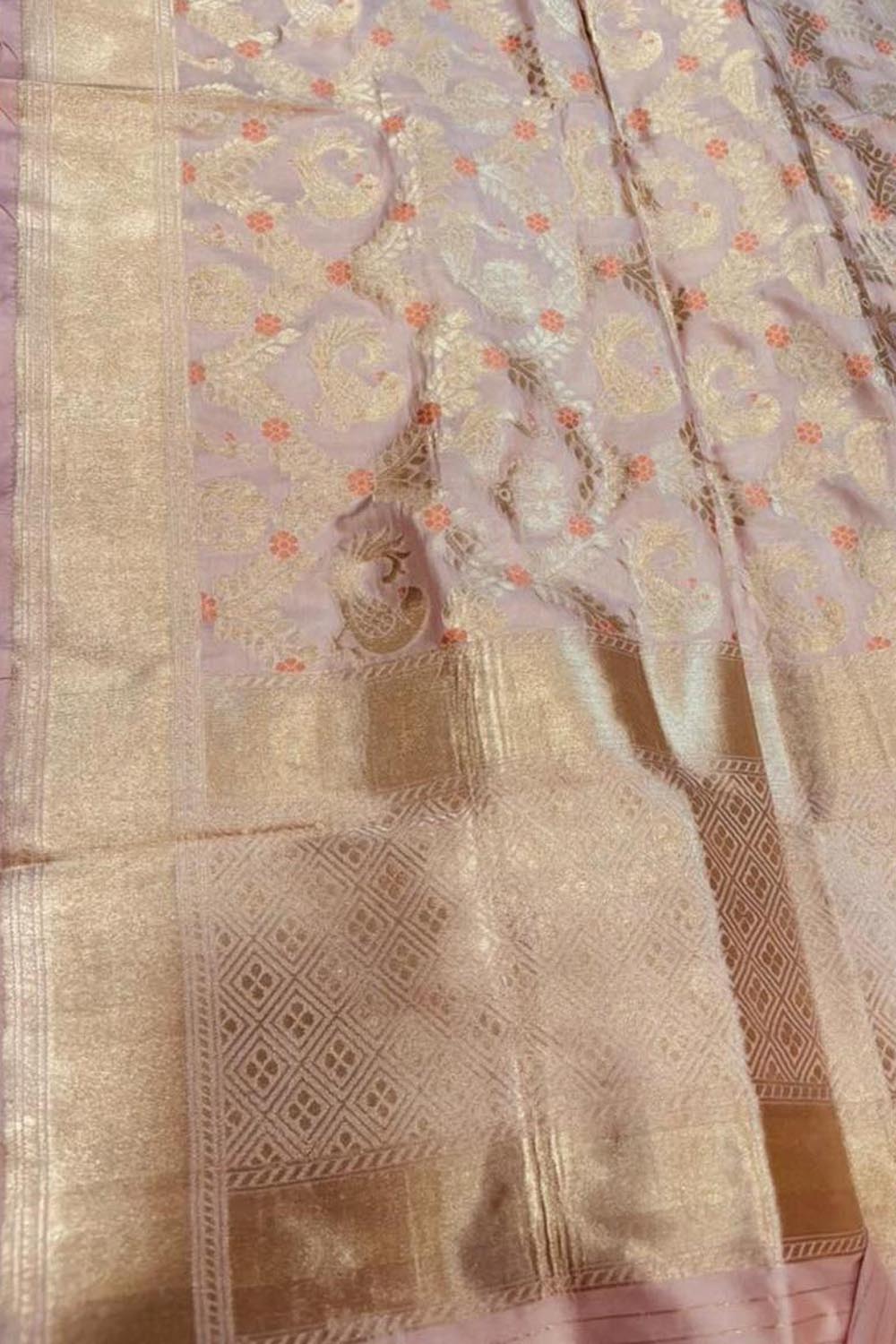 Pink Pure Katan Silk Banarasi Handloom Flower And Parrot Design Meenakari Dupatta - Luxurion World