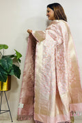Pink Pure Katan Silk Banarasi Handloom Flower And Parrot Design Meenakari Dupatta - Luxurion World