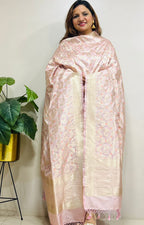 Pink Pure Katan Silk Banarasi Handloom Flower And Parrot Design Meenakari Dupatta - Luxurion World