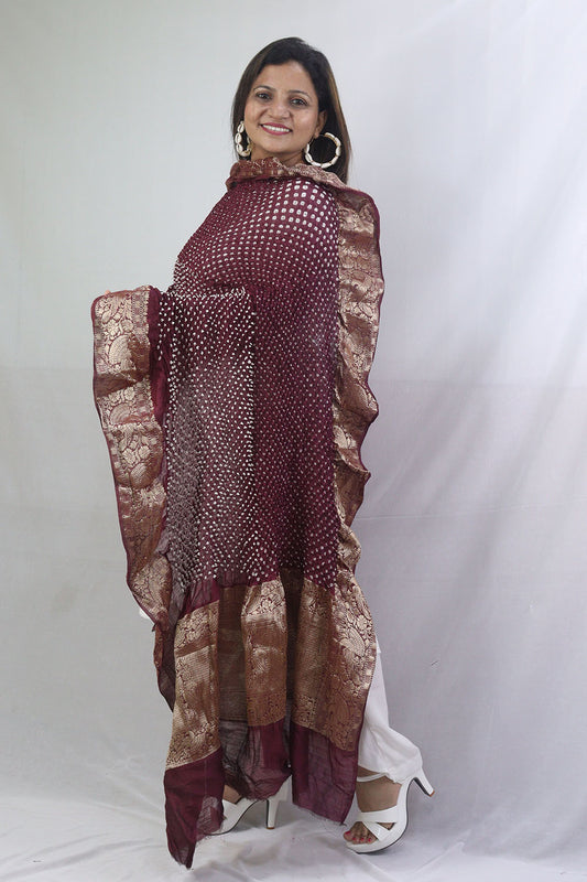 Purple Bandhani Kanjeevaram Silk Dupatta with Intricate Border Design - Luxurion World