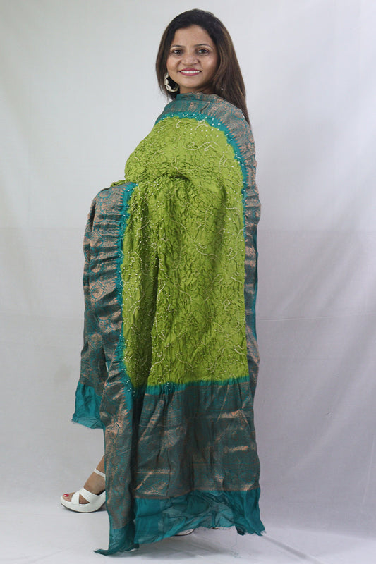 Green Bandhani Kanjeevaram Border Silk Dupatta - Pure Elegance