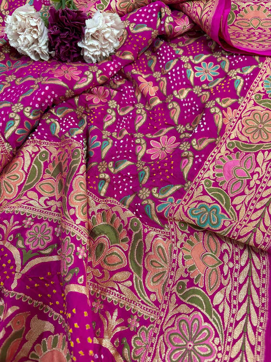 Beautiful Pink Banarasi Bandhani Pure Georgette Dupatta - Luxurion World- Crafted Heirlooms