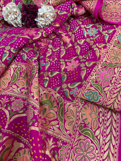 Beautiful Pink Banarasi Bandhani Pure Georgette Dupatta - Luxurion World