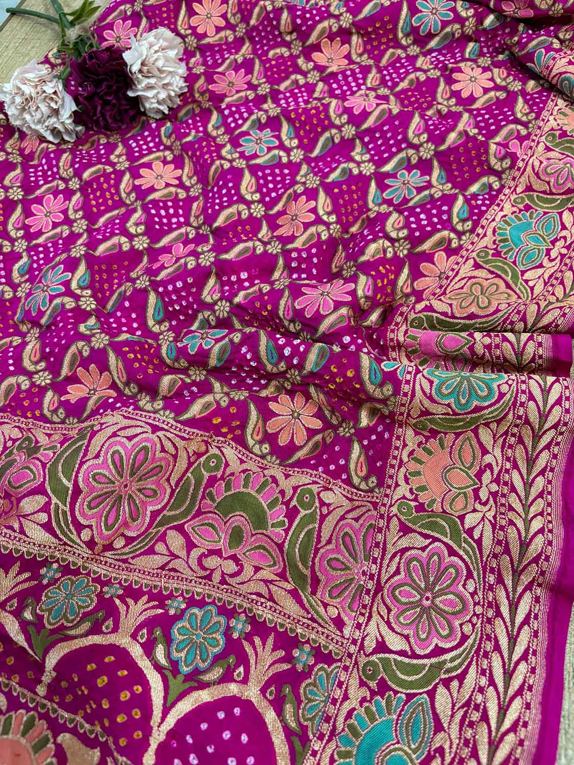 Beautiful Pink Banarasi Bandhani Pure Georgette Dupatta - Luxurion World- Crafted Heirlooms