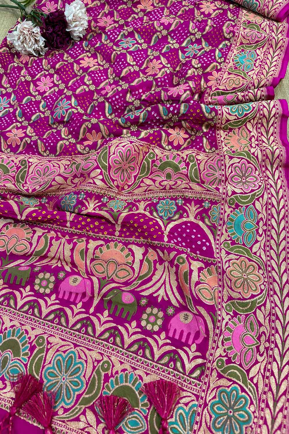 Beautiful Pink Banarasi Bandhani Pure Georgette Dupatta - Luxurion World- Crafted Heirlooms