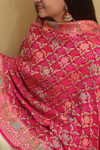 Beautiful Pink Banarasi Bandhani Pure Georgette Dupatta - Luxurion World- Crafted Heirlooms