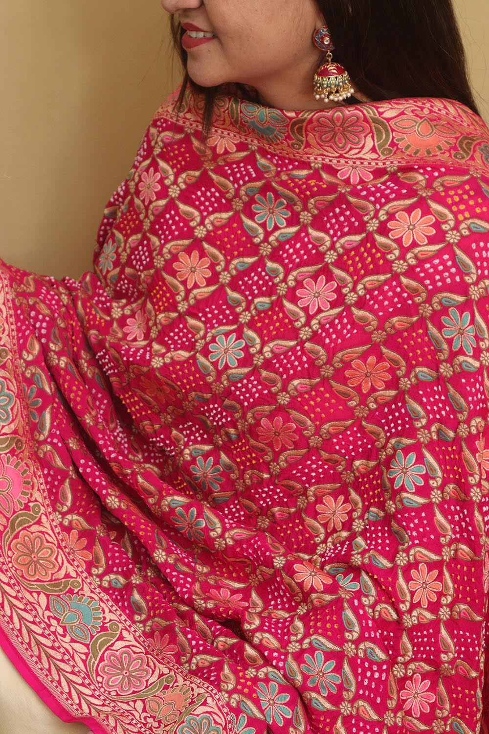 Beautiful Pink Banarasi Bandhani Pure Georgette Dupatta - Luxurion World- Crafted Heirlooms