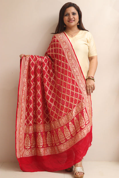 Red Banarasi Bandhani Pure Georgette Dupatta - Luxurion World