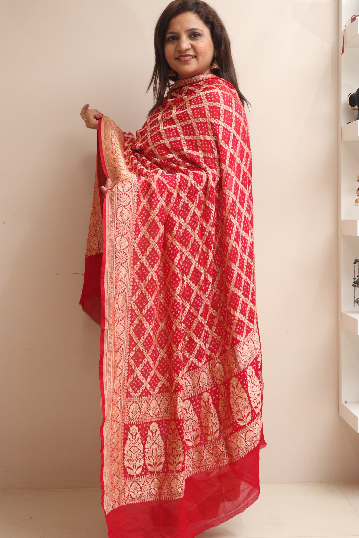 Red Banarasi Bandhani Pure Georgette Dupatta - Luxurion World