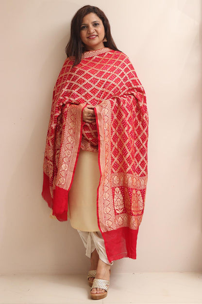 Red Banarasi Bandhani Pure Georgette Dupatta - Luxurion World