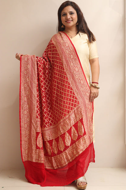 Red Banarasi Bandhani Pure Georgette Dupatta - Luxurion World