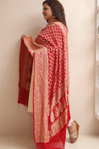 Red Banarasi Bandhani Pure Georgette Dupatta - Luxurion World- Crafted Heirlooms