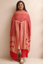 Red Banarasi Bandhani Pure Georgette Dupatta - Luxurion World- Crafted Heirlooms