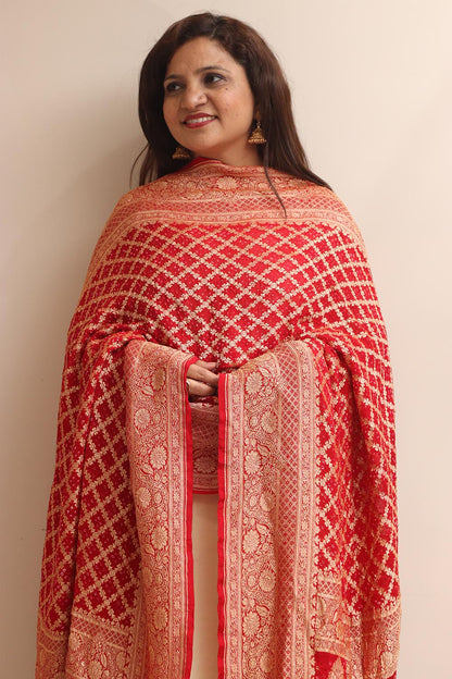 Red Banarasi Bandhani Pure Georgette Dupatta - Luxurion World