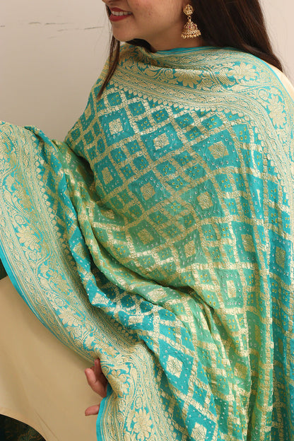 Blue & Green Banarasi Bandhani Pure Georgette Dupatta - Luxurion World