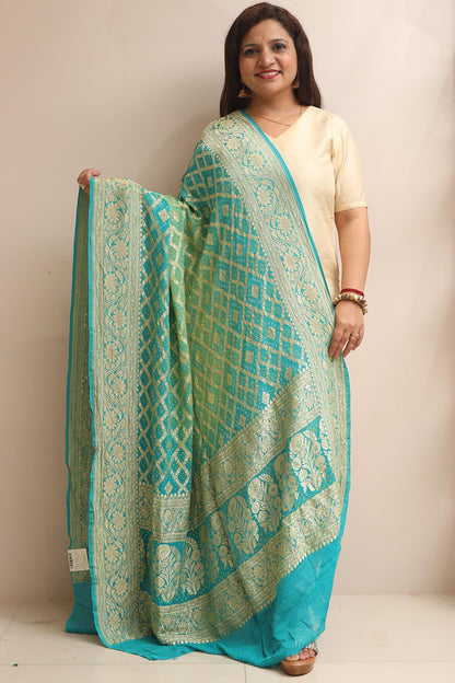 Blue & Green Banarasi Bandhani Pure Georgette Dupatta - Luxurion World