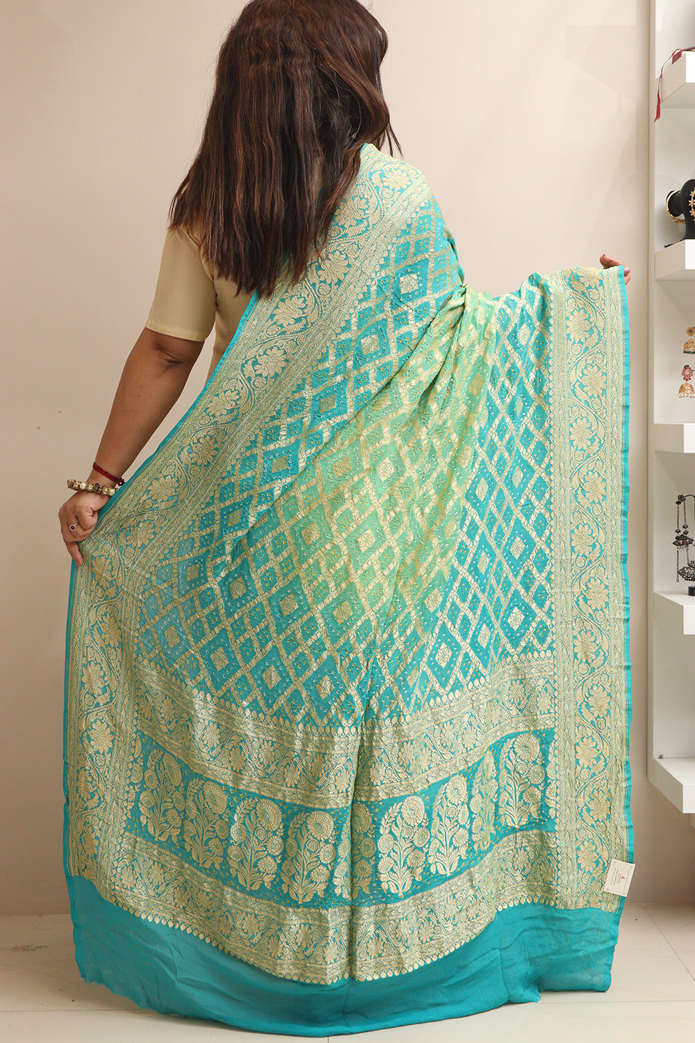 Blue & Green Banarasi Bandhani Pure Georgette Dupatta - Luxurion World
