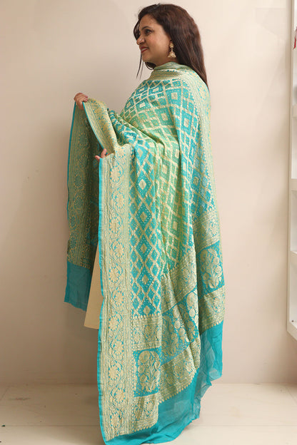 Blue & Green Banarasi Bandhani Pure Georgette Dupatta - Luxurion World