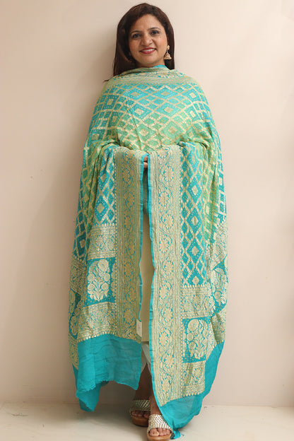Blue & Green Banarasi Bandhani Pure Georgette Dupatta - Luxurion World