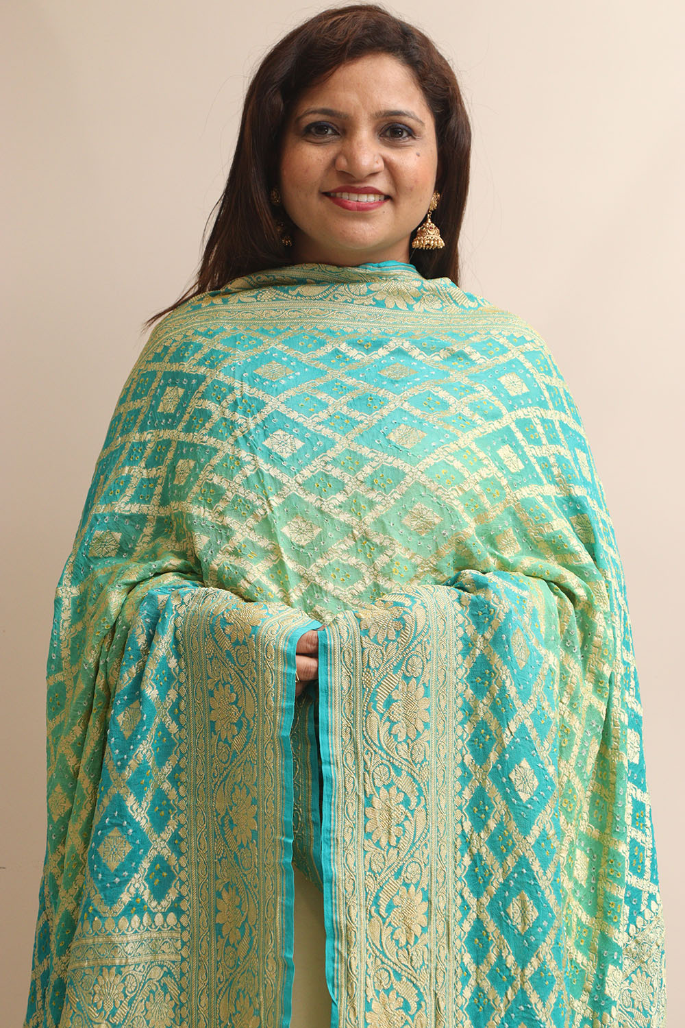 Blue & Green Banarasi Bandhani Pure Georgette Dupatta - Luxurion World