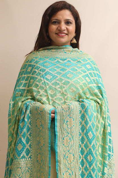 Blue & Green Banarasi Bandhani Pure Georgette Dupatta - Luxurion World