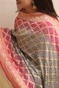 Grey & Pink Banarasi Bandhani Pure Georgette Dupatta - Luxurion World