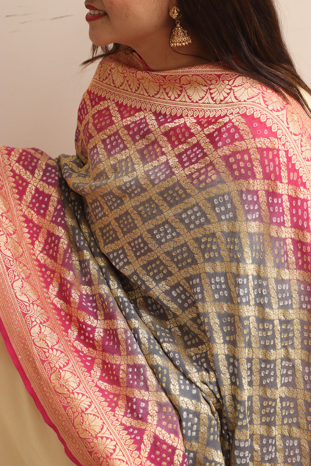 Grey & Pink Banarasi Bandhani Pure Georgette Dupatta - Luxurion World