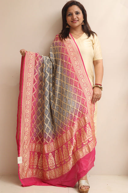 Grey & Pink Banarasi Bandhani Pure Georgette Dupatta - Luxurion World