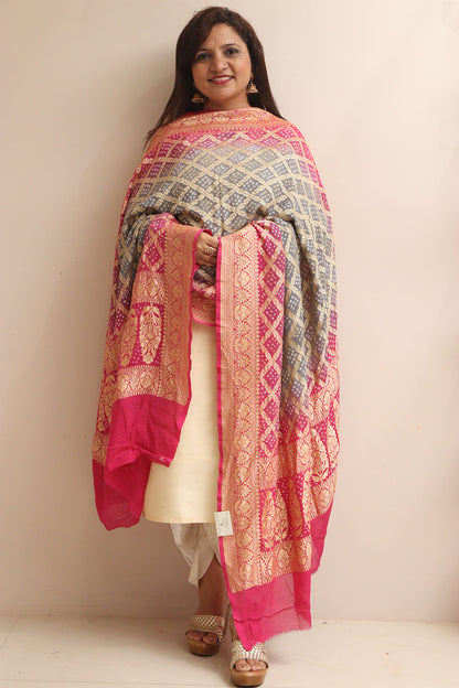 Grey & Pink Banarasi Bandhani Pure Georgette Dupatta - Luxurion World