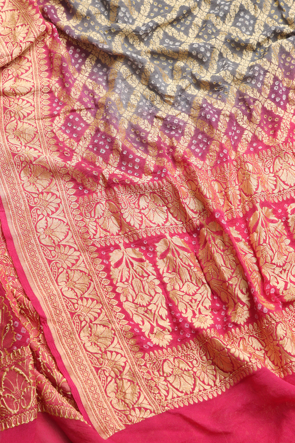 Grey & Pink Banarasi Bandhani Pure Georgette Dupatta - Luxurion World