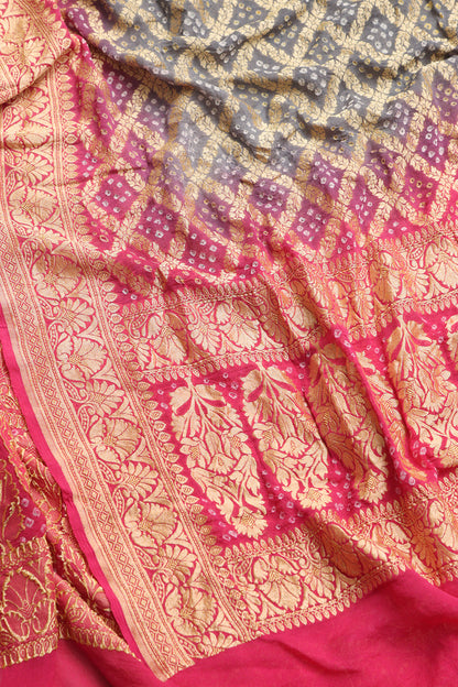Grey & Pink Banarasi Bandhani Pure Georgette Dupatta - Luxurion World