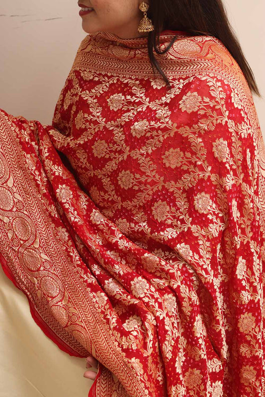 Red Banarasi Bandhani Pure Georgette Dupatta - Luxurion World