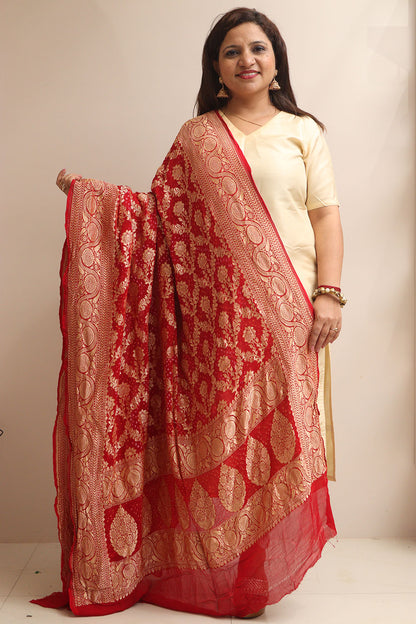 Red Banarasi Bandhani Pure Georgette Dupatta - Luxurion World