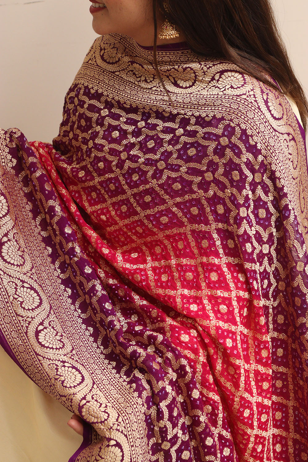 Pink & Purple Banarasi Bandhani Pure Georgette Dupatta - Luxurion World- Crafted Heirlooms
