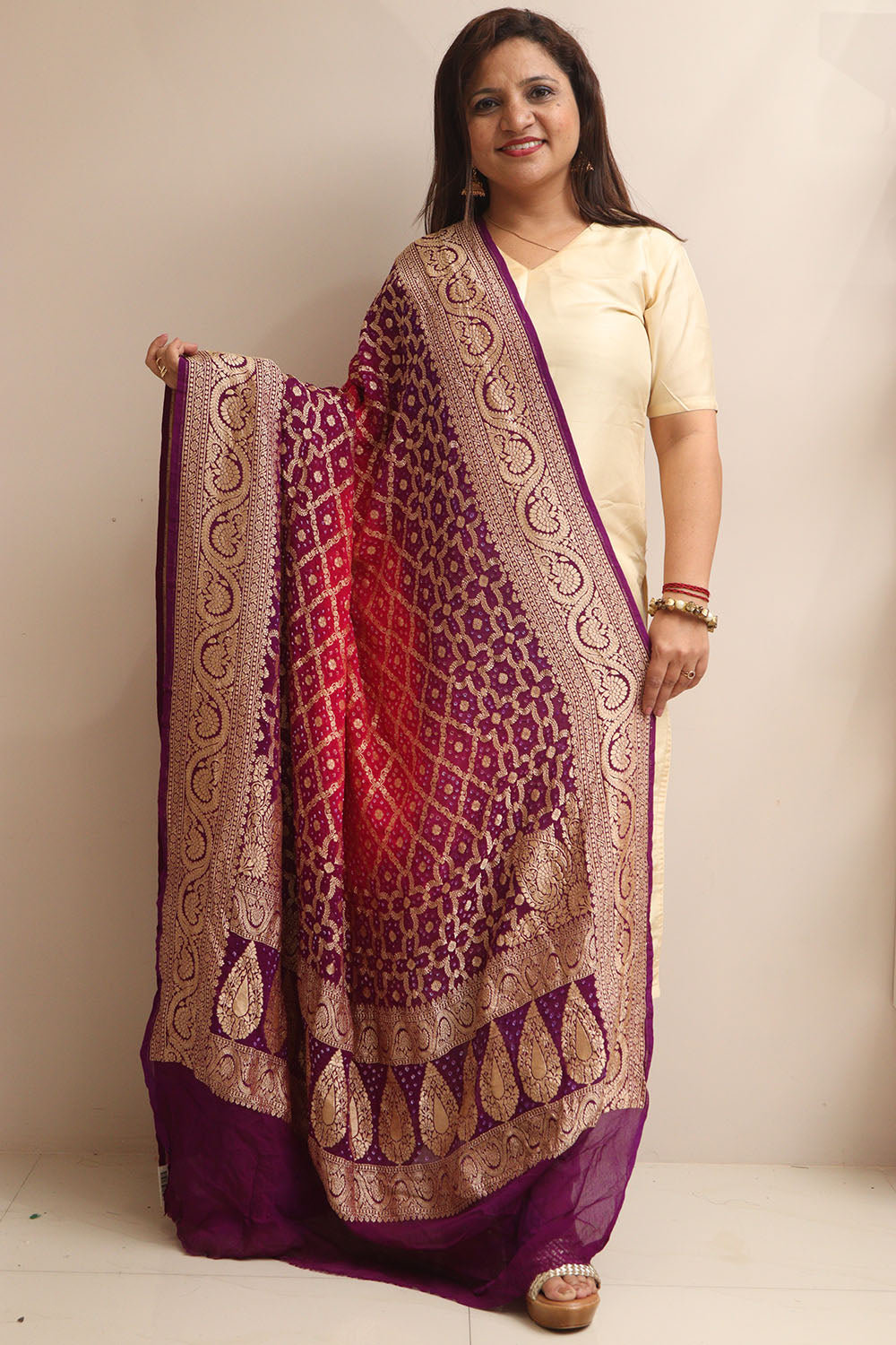 Pink & Purple Banarasi Bandhani Pure Georgette Dupatta - Luxurion World