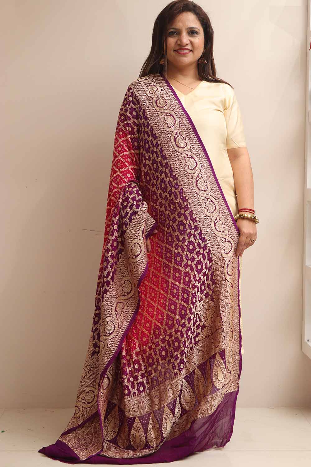 Pink & Purple Banarasi Bandhani Pure Georgette Dupatta - Luxurion World- Crafted Heirlooms
