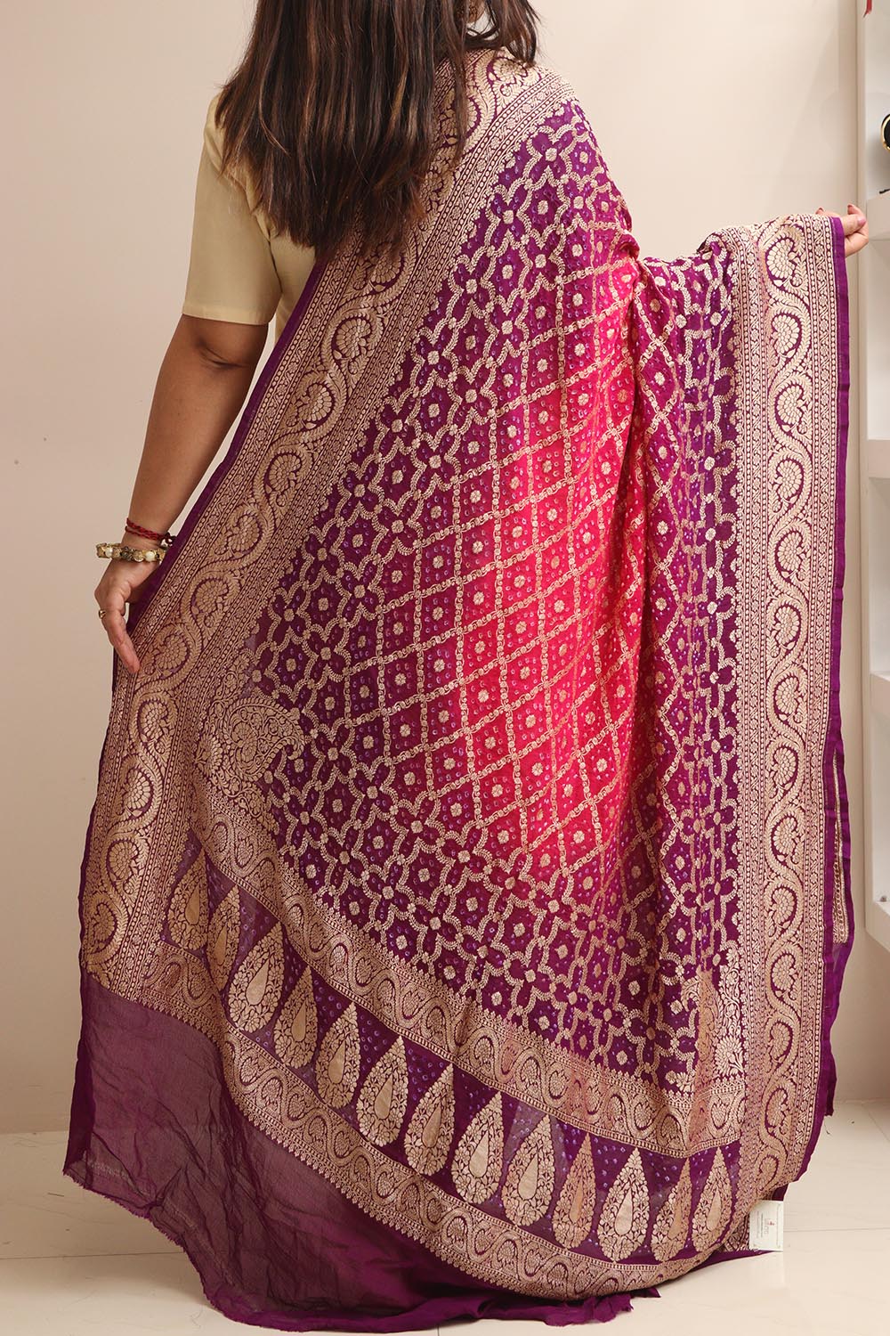 Pink & Purple Banarasi Bandhani Pure Georgette Dupatta - Luxurion World- Crafted Heirlooms