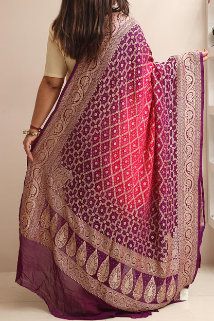Pink & Purple Banarasi Bandhani Pure Georgette Dupatta - Luxurion World