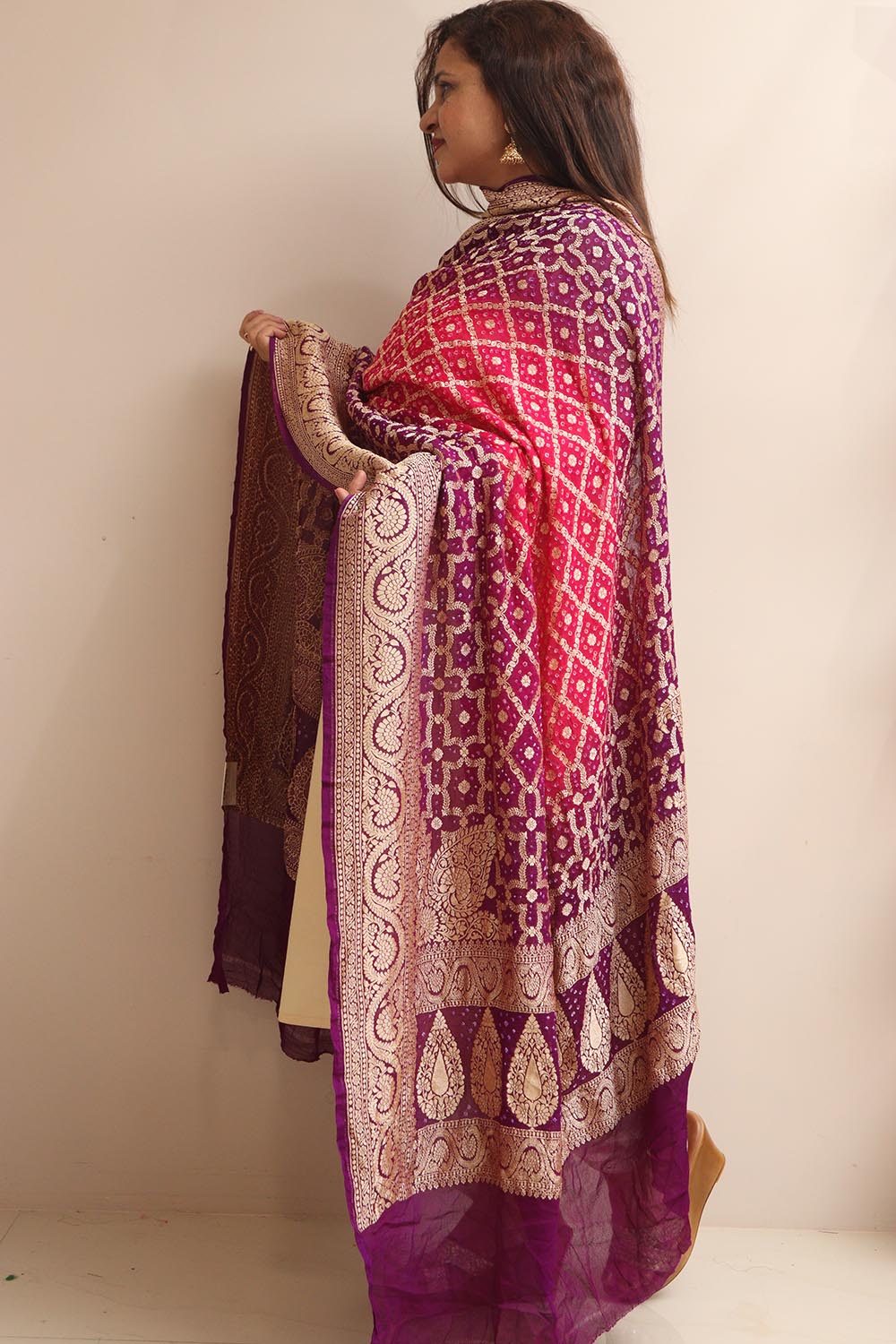 Pink & Purple Banarasi Bandhani Pure Georgette Dupatta - Luxurion World