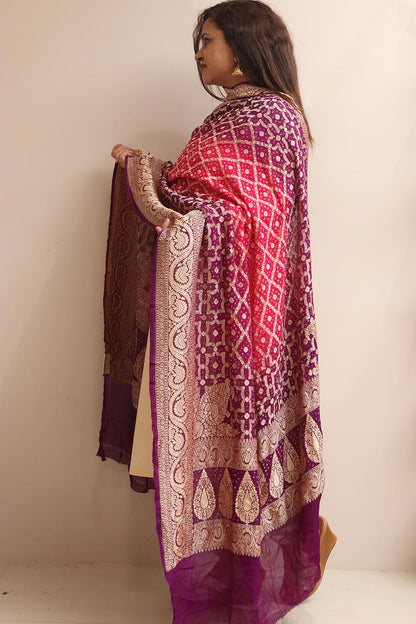 Pink & Purple Banarasi Bandhani Pure Georgette Dupatta - Luxurion World