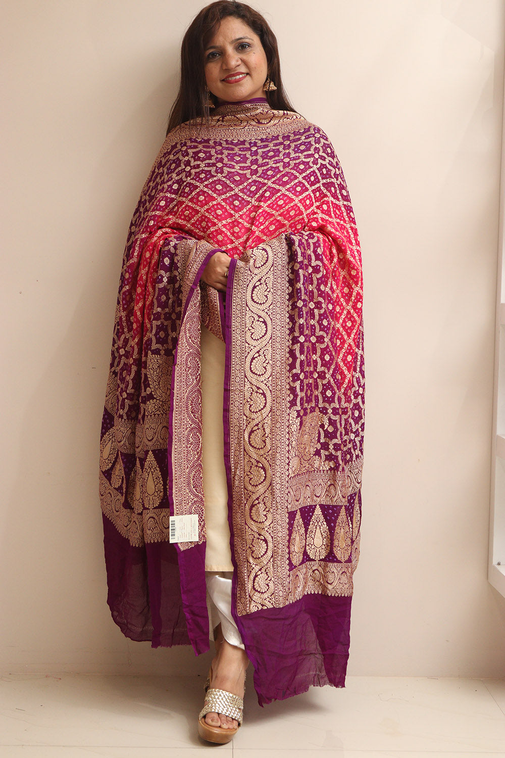 Pink & Purple Banarasi Bandhani Pure Georgette Dupatta - Luxurion World- Crafted Heirlooms