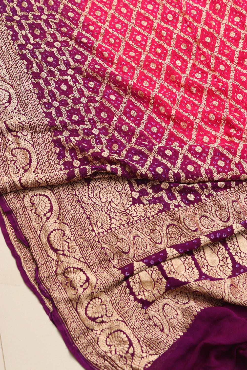 Pink & Purple Banarasi Bandhani Pure Georgette Dupatta - Luxurion World- Crafted Heirlooms