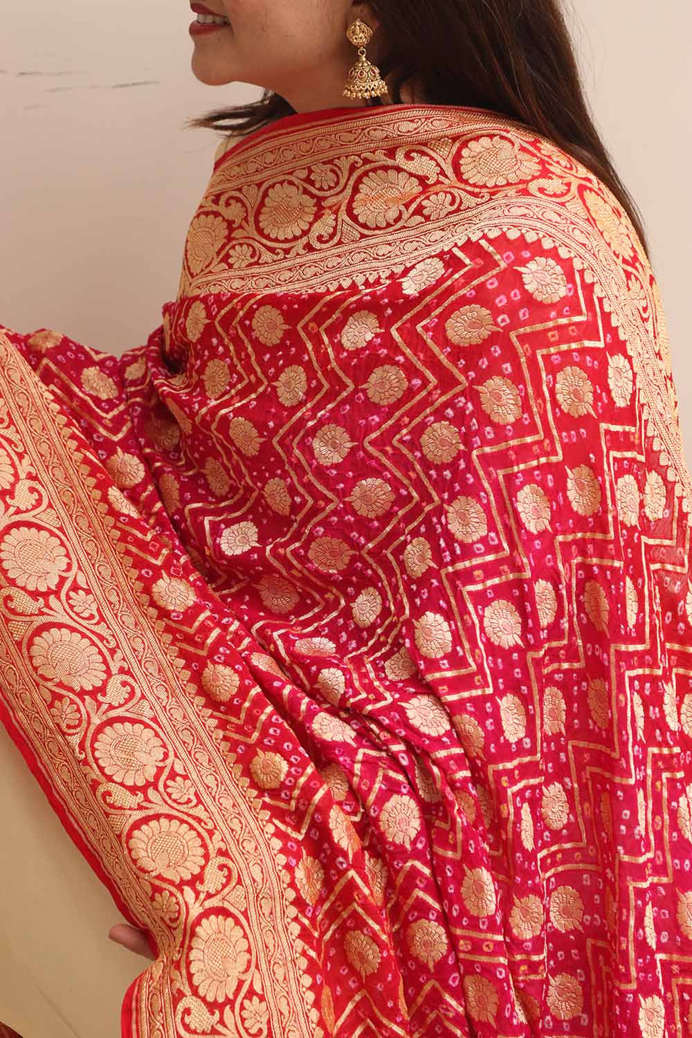 Stunning Pink Banarasi Bandhani Pure Georgette Dupatta - Luxurion World- Crafted Heirlooms