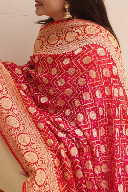 Stunning Pink Banarasi Bandhani Pure Georgette Dupatta - Luxurion World
