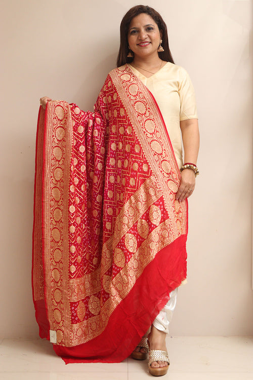 Stunning Pink Banarasi Bandhani Pure Georgette Dupatta - Luxurion World- Crafted Heirlooms