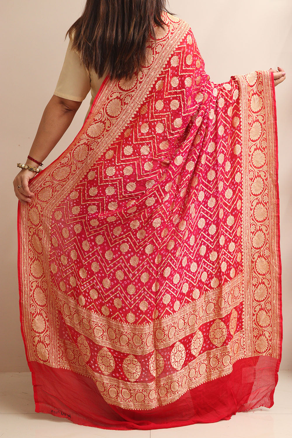 Stunning Pink Banarasi Bandhani Pure Georgette Dupatta - Luxurion World- Crafted Heirlooms