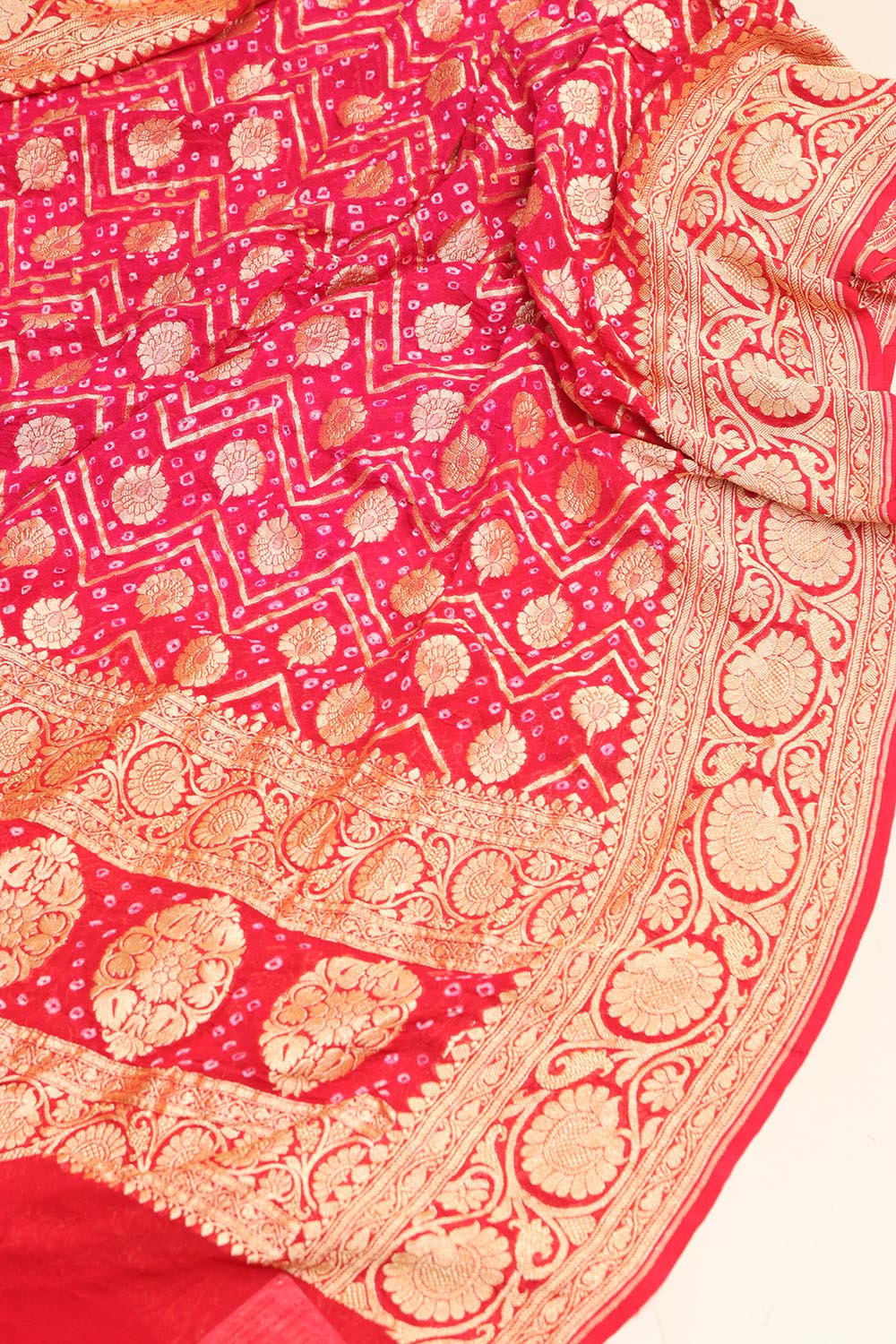 Stunning Pink Banarasi Bandhani Pure Georgette Dupatta - Luxurion World- Crafted Heirlooms