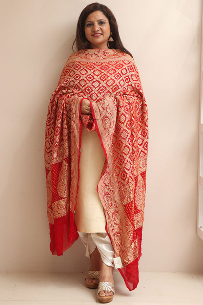 Red Banarasi Bandhani Pure Georgette Dupatta - Luxurion World