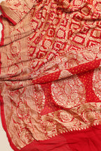 Red Banarasi Bandhani Pure Georgette Dupatta - Luxurion World- Crafted Heirlooms