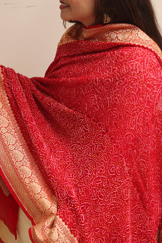Red Banarasi Bandhani Pure Georgette Shikari Bandhej Dupatta - Luxurion World